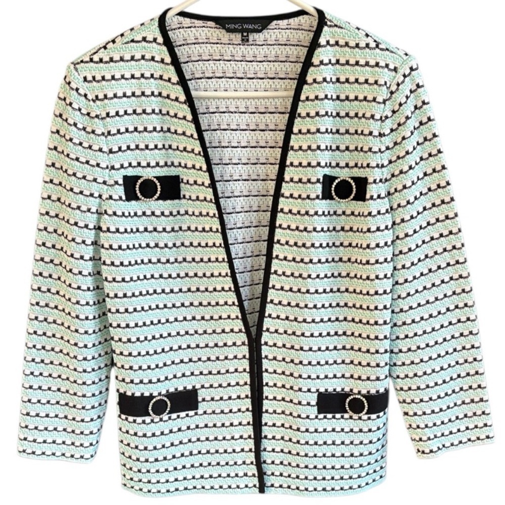Like New Ming Wang Rhinestone Adorned Sweater Mint Green White Black Size Medium